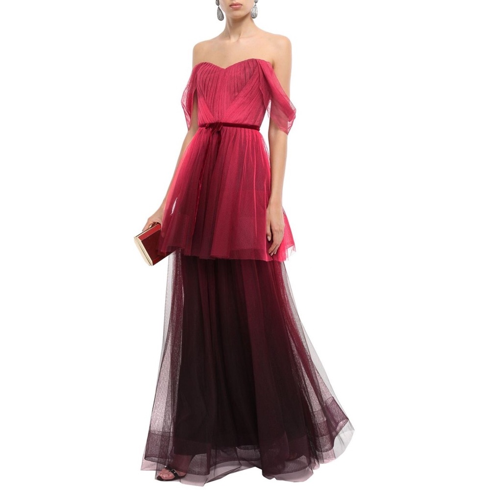 Marchesa Ombre Red to Deep Plum Tulle Maxi Dress